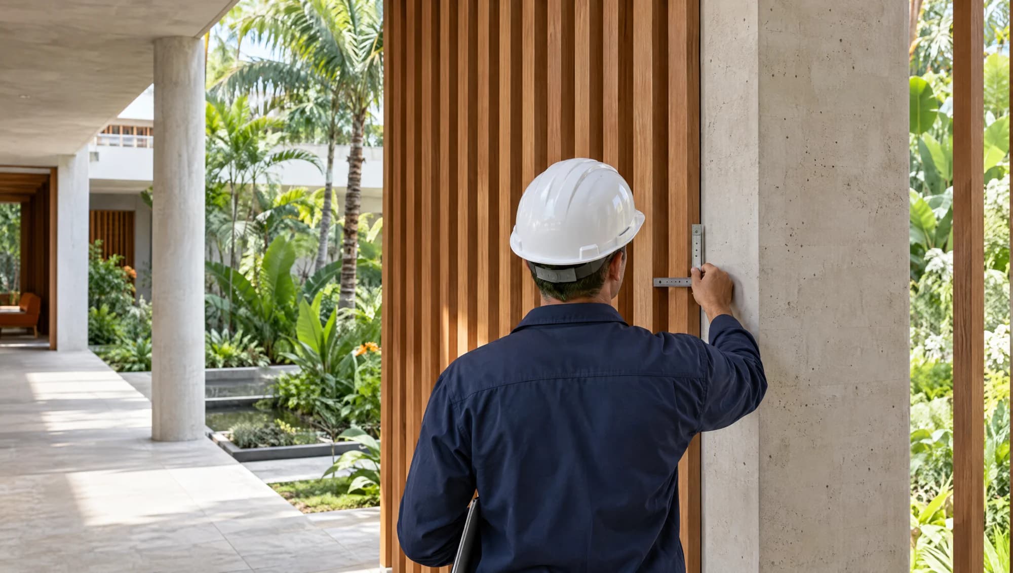 Concept photograph of a project professional inspecting a timber screen and concrete junction on site