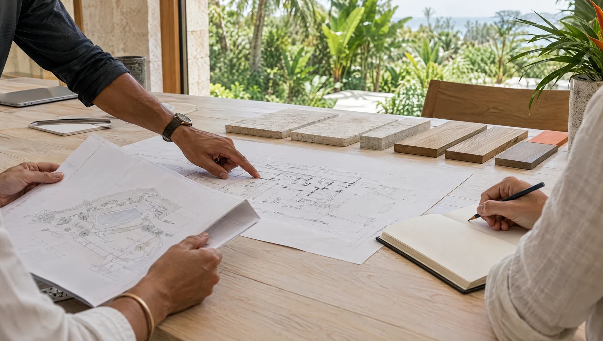 Concept photograph of project professionals coordinating drawings and materials around a table