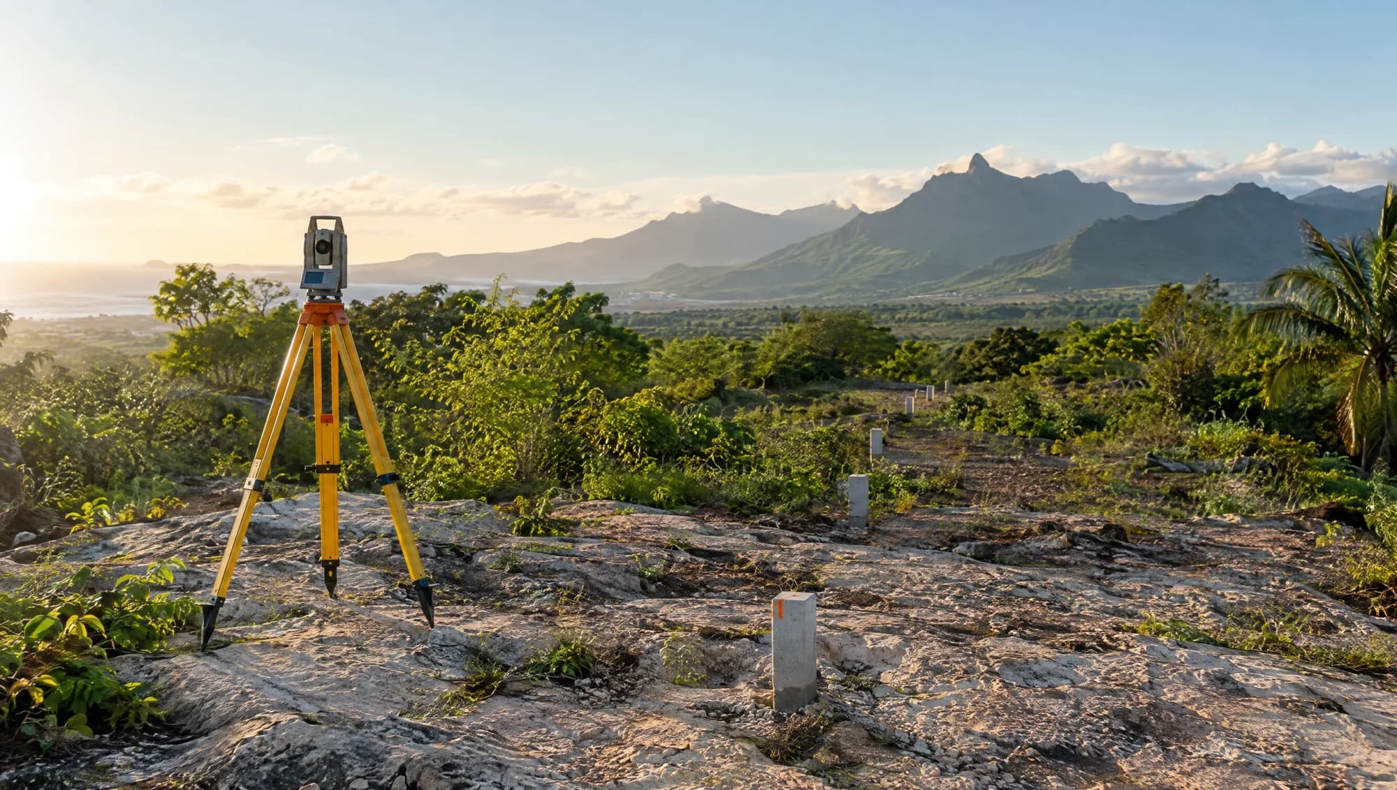 Concept photograph of a survey tripod and markers on a tropical site in Mauritius