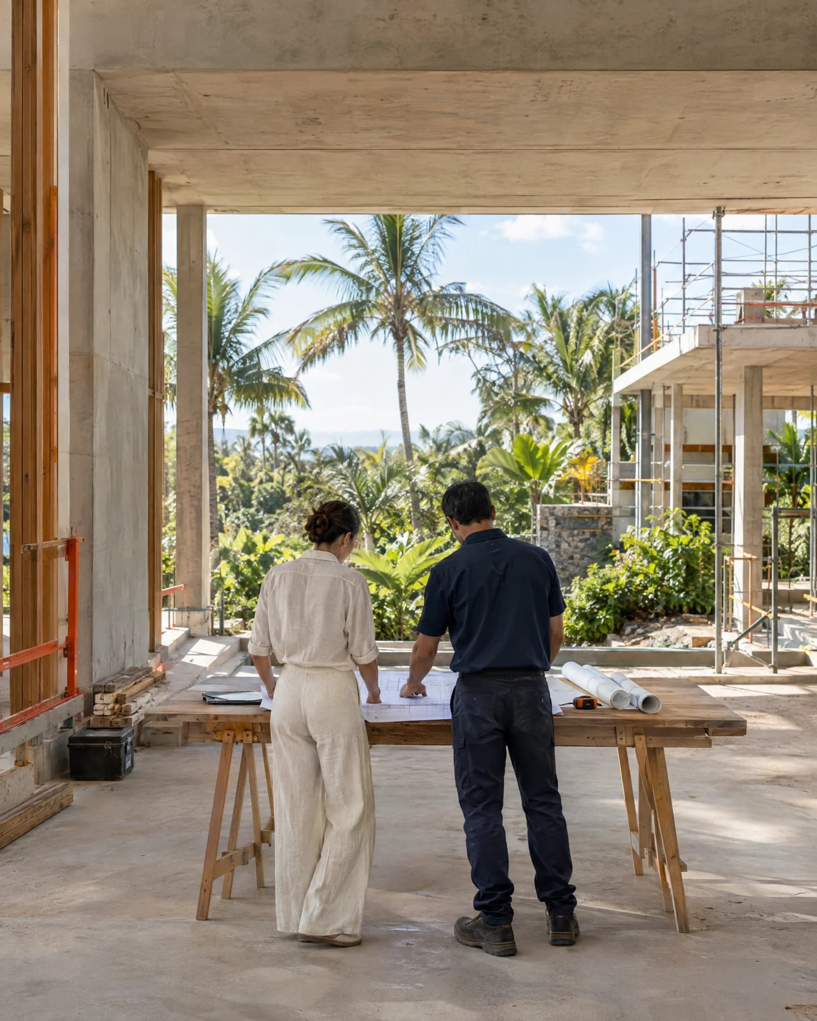 Concept photograph of two project professionals reviewing plans at a tropical building under construction
