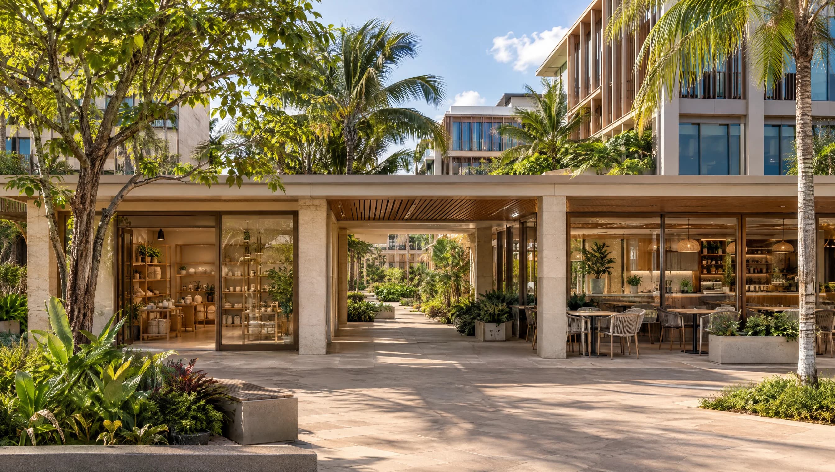 Concept illustration of shaded shops, a café terrace and offices in a tropical commercial courtyard