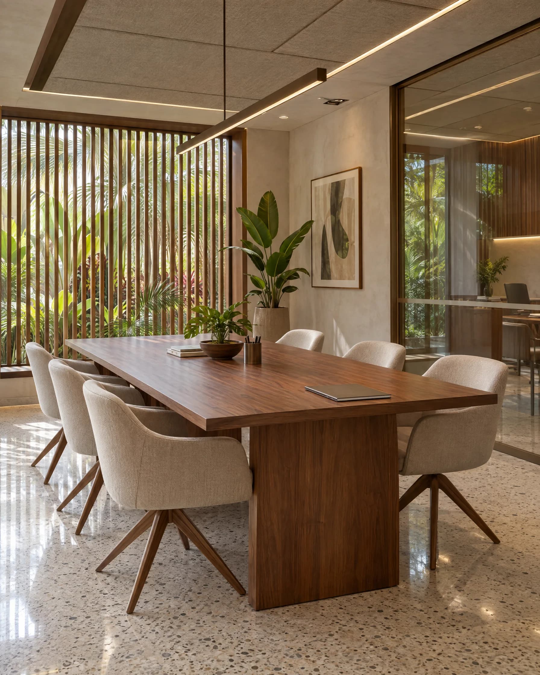 Concept illustration of a finished tropical office meeting space with timber screens and soft daylight