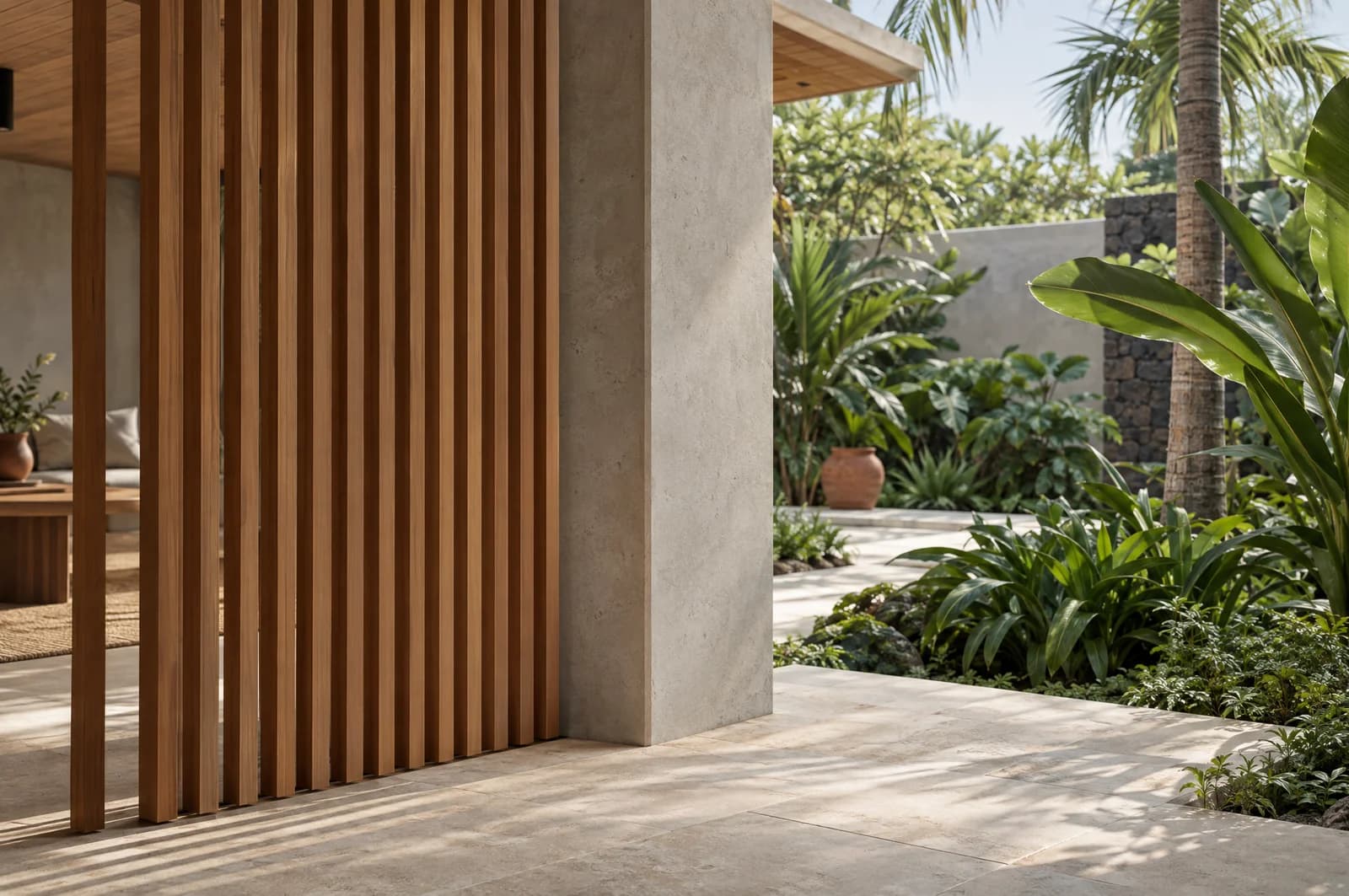 Illustrative architectural detail of timber screens, pale concrete and a landscaped courtyard