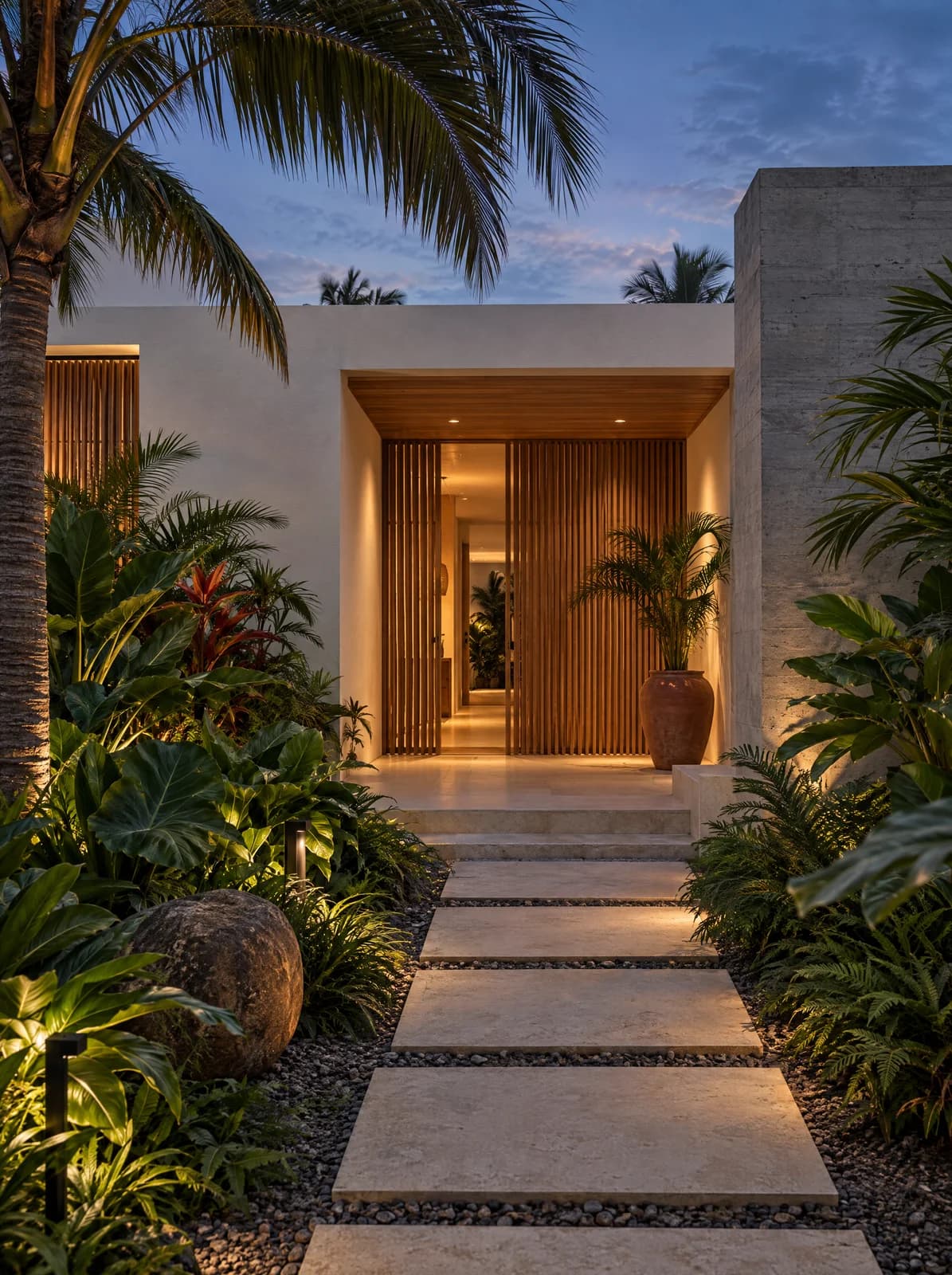 Illustrative tropical home entrance with warm interior lighting