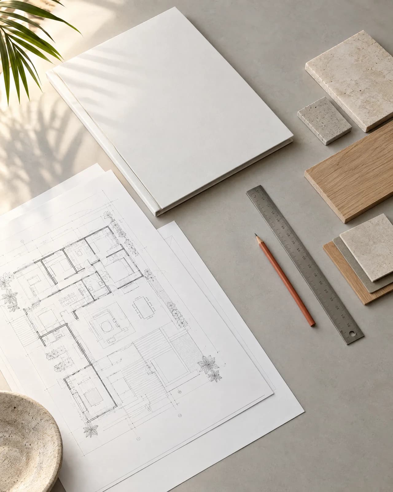 Architectural plans, a scale ruler and carefully selected building materials
