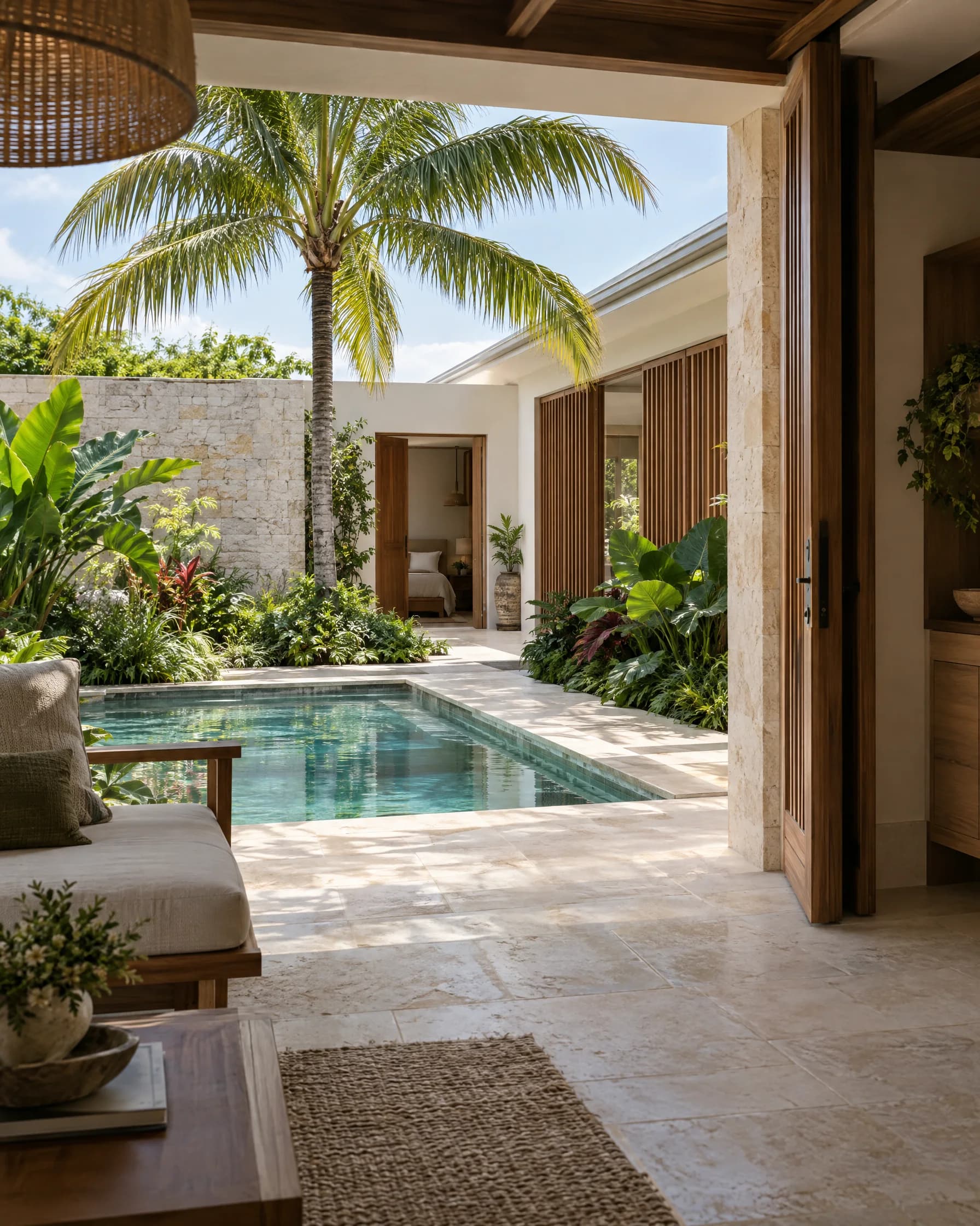 Illustrative tropical home courtyard with timber screens and a shaded veranda
