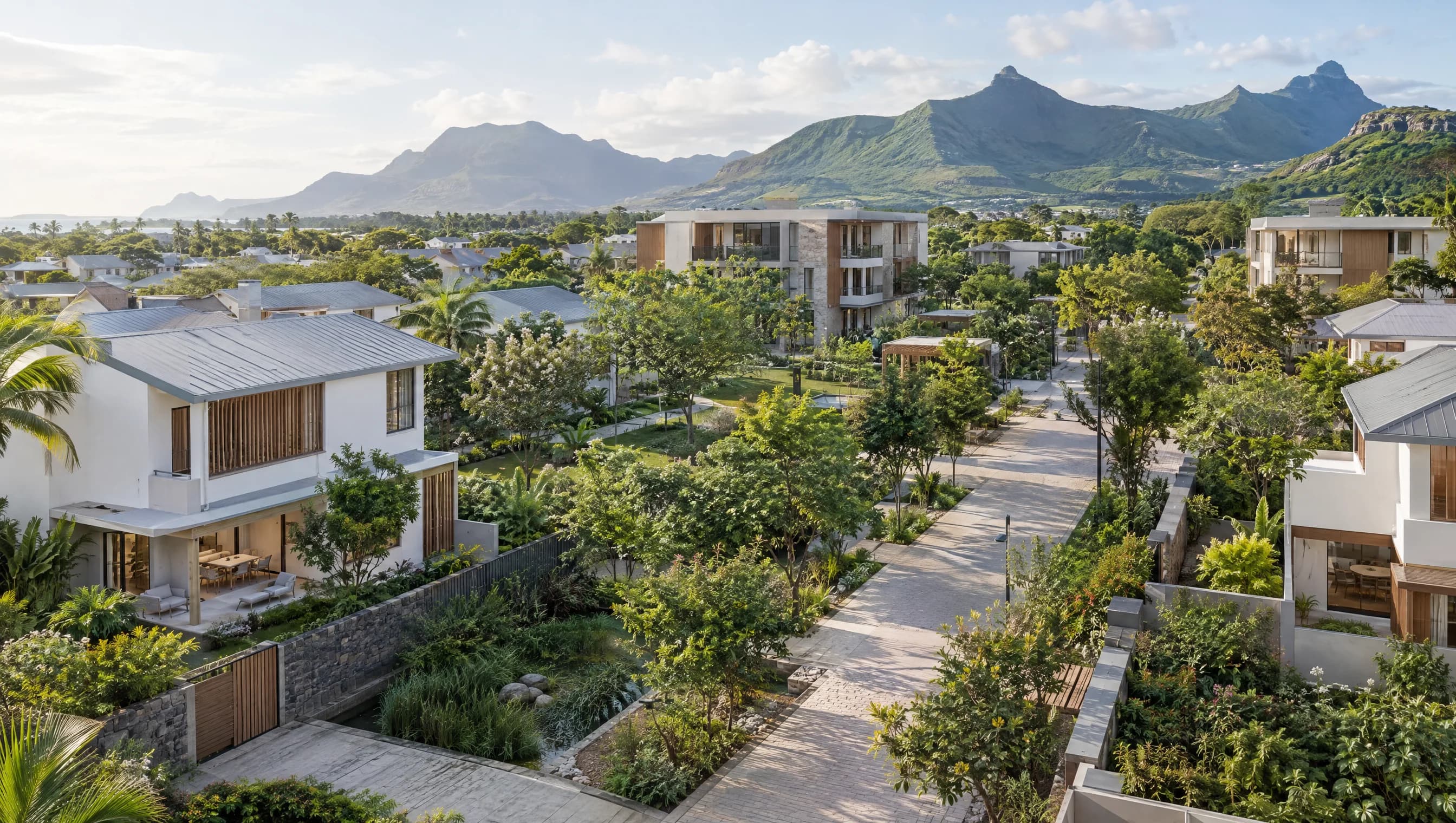 Concept illustration of a landscaped tropical residential neighbourhood in Mauritius