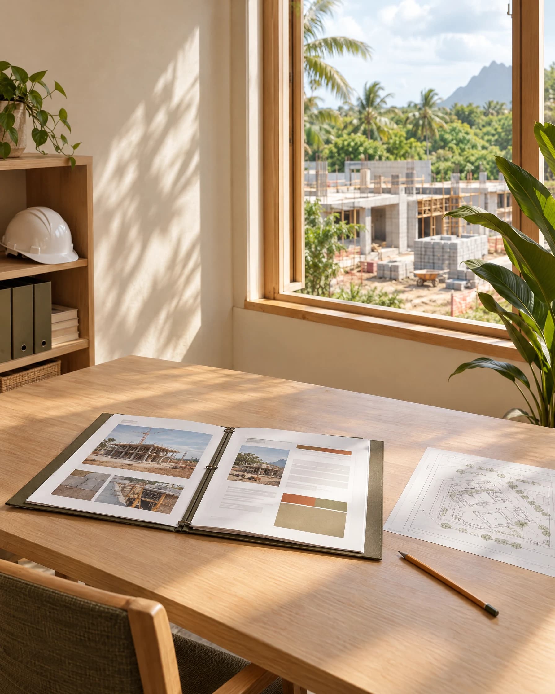 Concept photograph of an organized project report and site plan in a light-filled office overlooking a tropical construction site