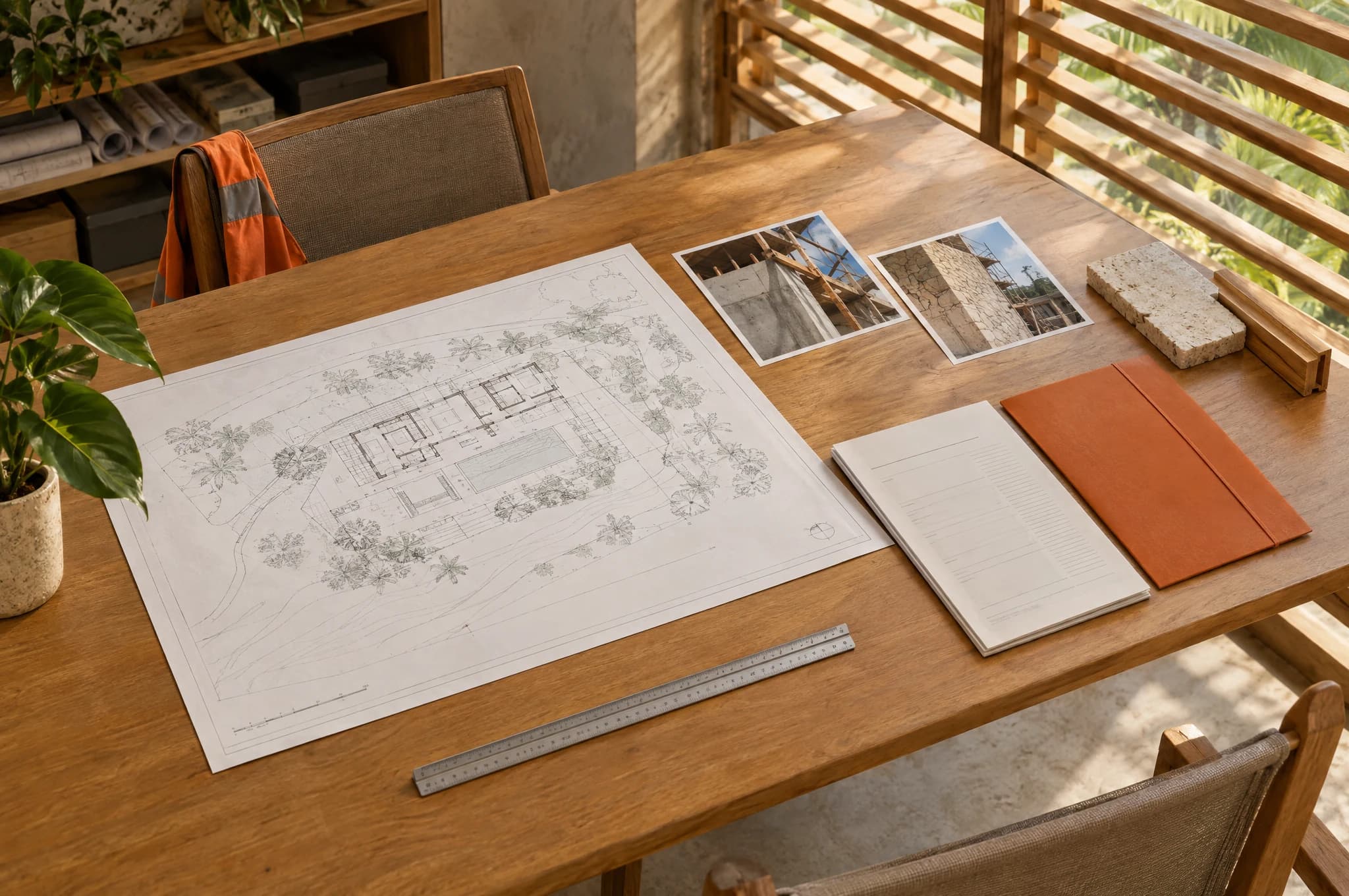 Concept photograph of construction drawings, detail photographs, a valuation booklet and a change folder on a site-office review table
