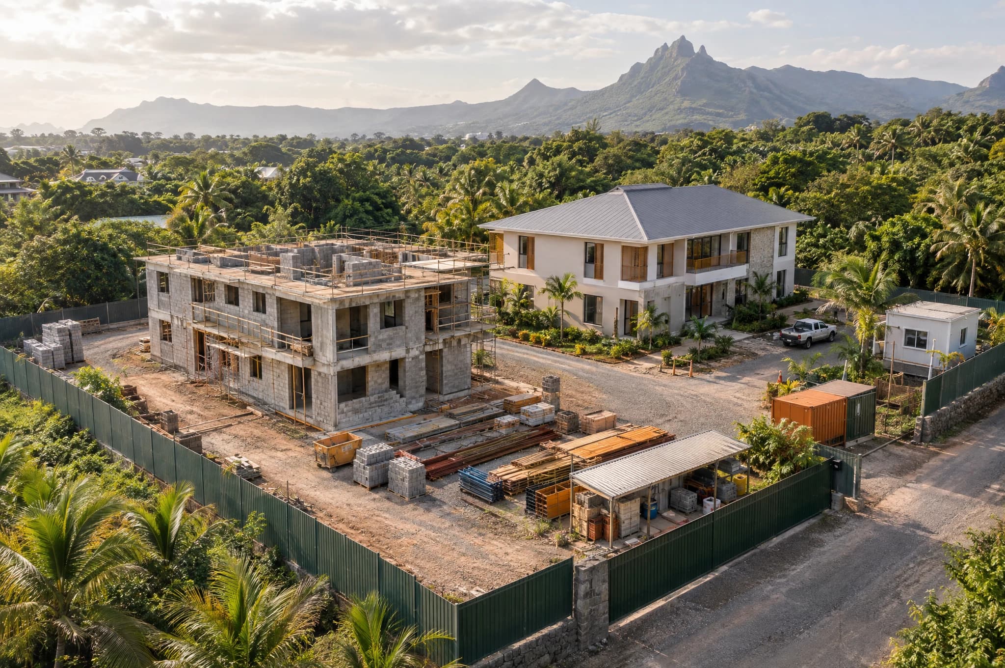 Concept aerial photograph of two low-rise residential buildings at different construction stages on an orderly Mauritian site