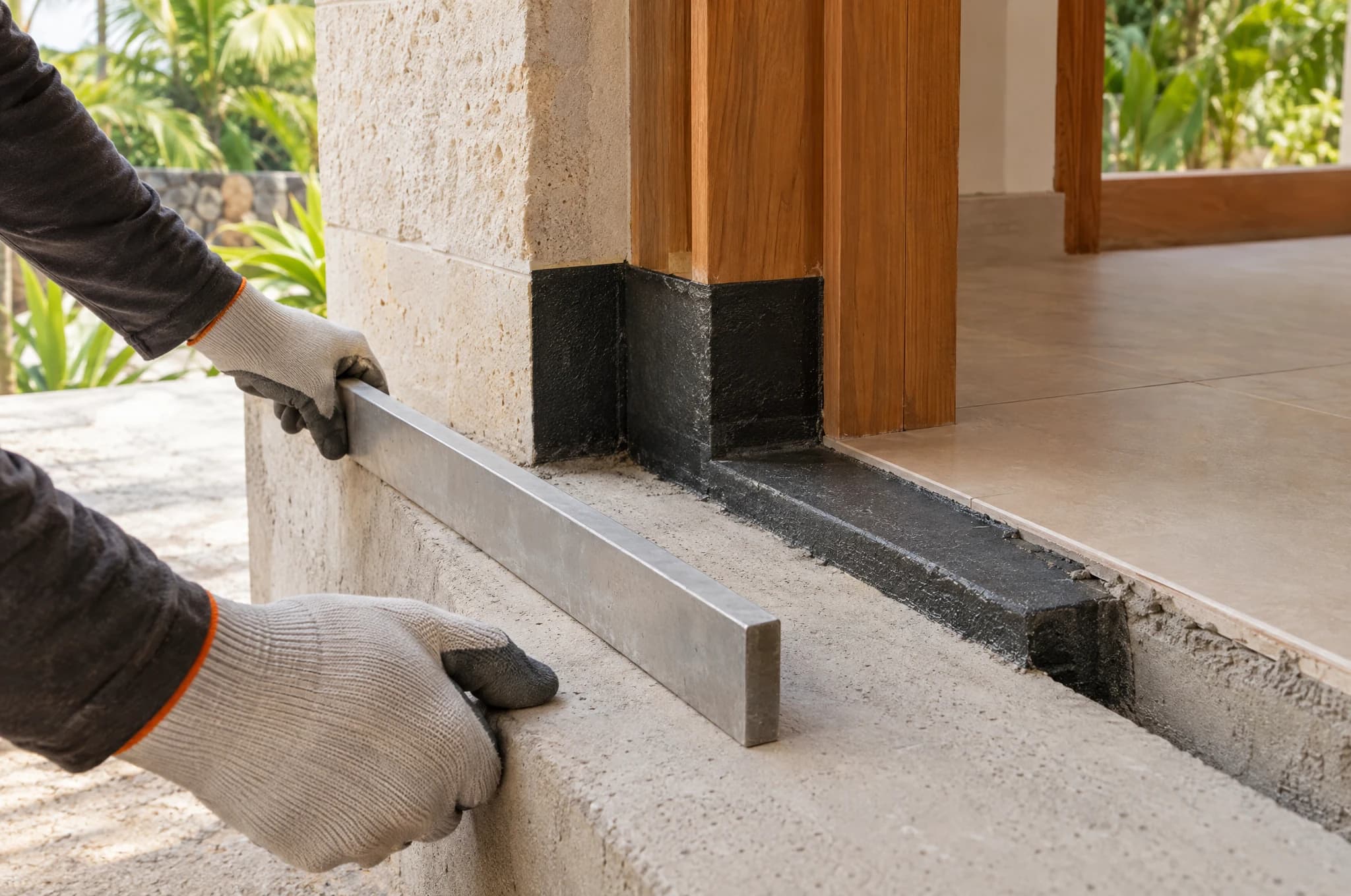 Concept close photograph of gloved hands checking a doorway threshold beside a waterproofing detail with a straight edge