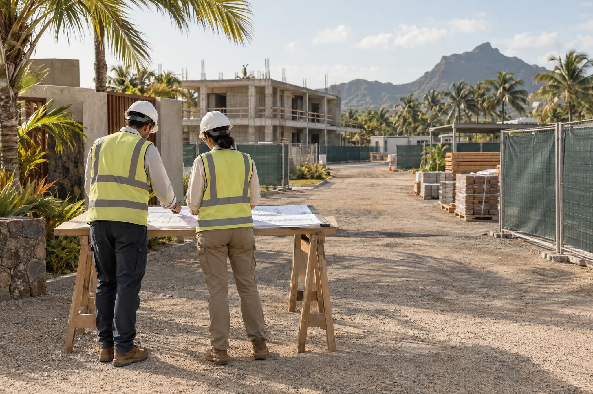 Concept photograph of two professionals in protective equipment reviewing a site drawing at an organized tropical construction site entrance