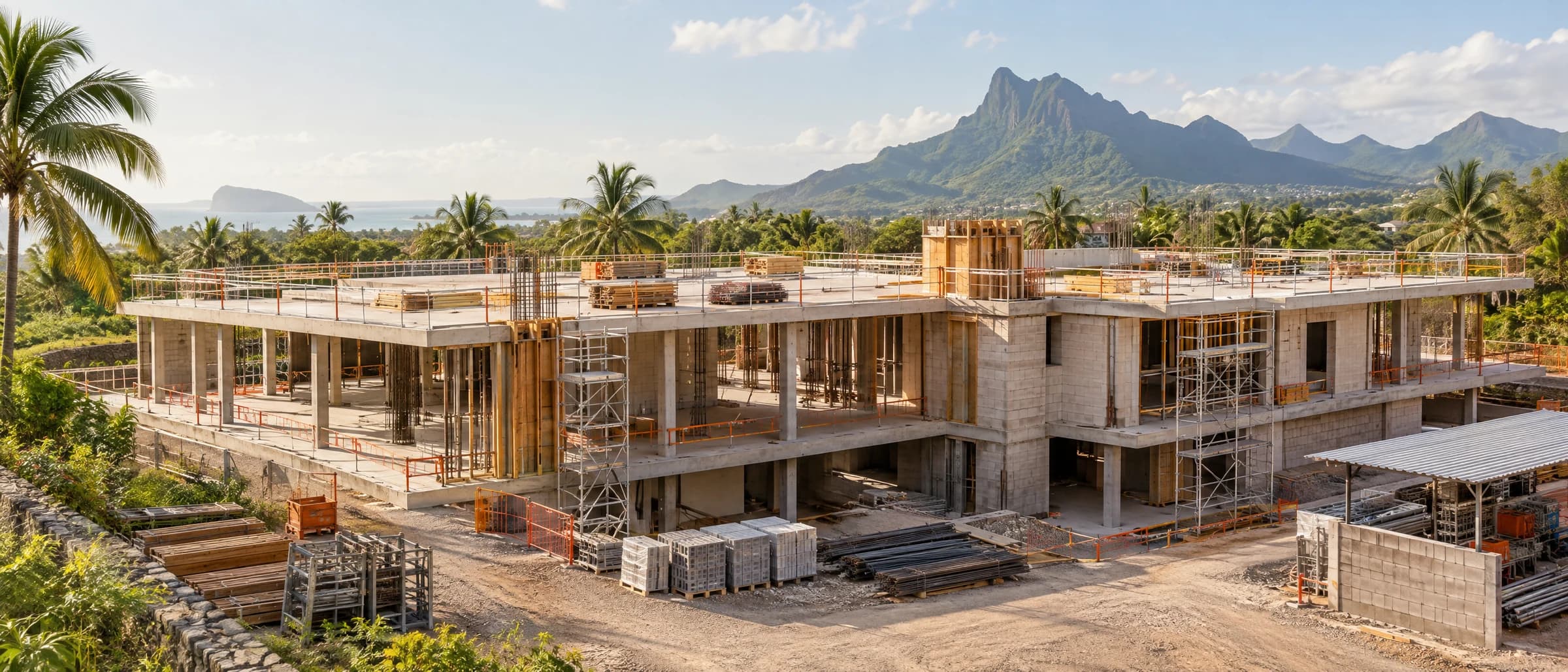 Concept photograph of an orderly low-rise construction site in Mauritius with concrete frames, partial masonry, protected edges and tropical mountains