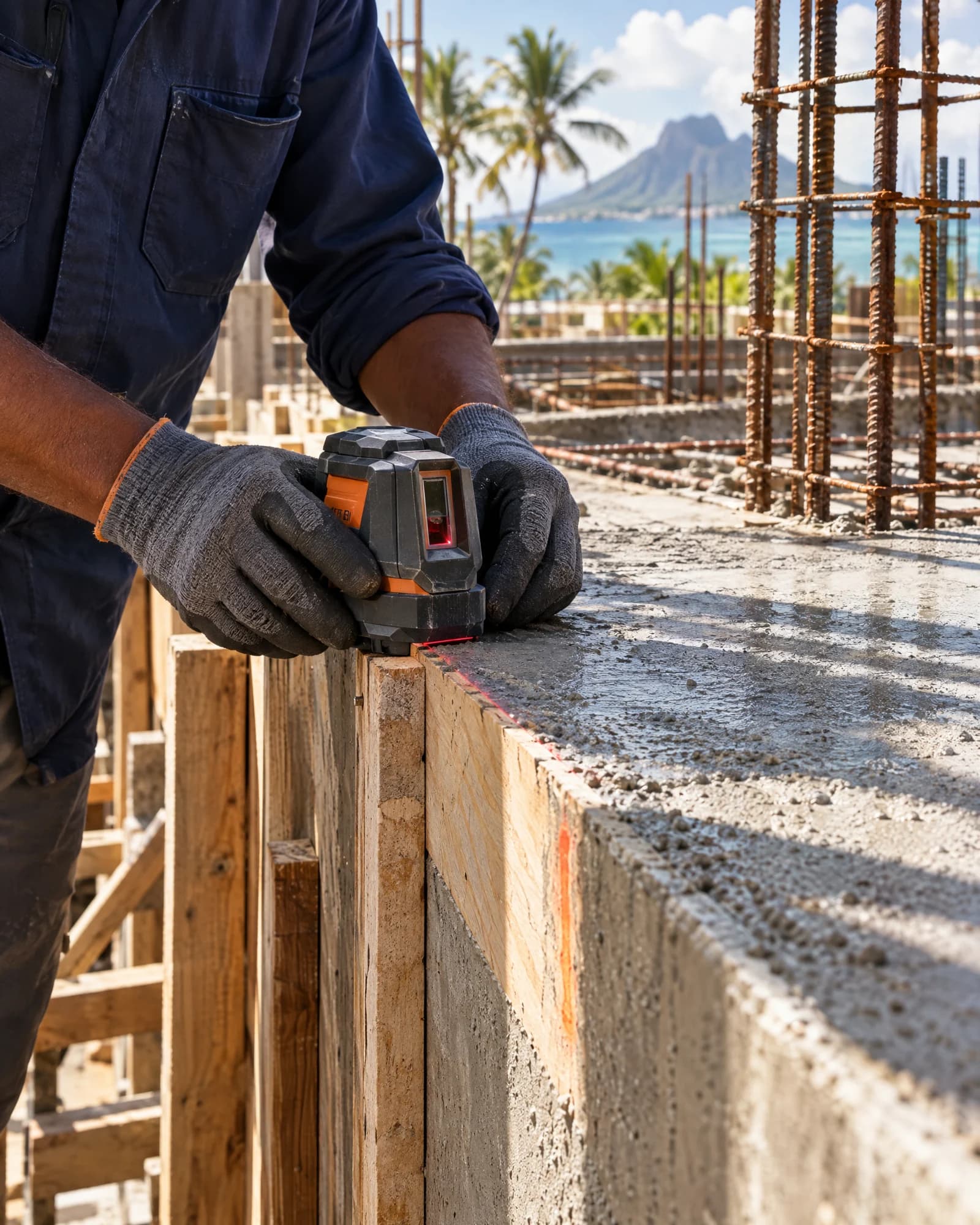 Concept photograph of an engineer checking concrete and timber formwork using a laser level