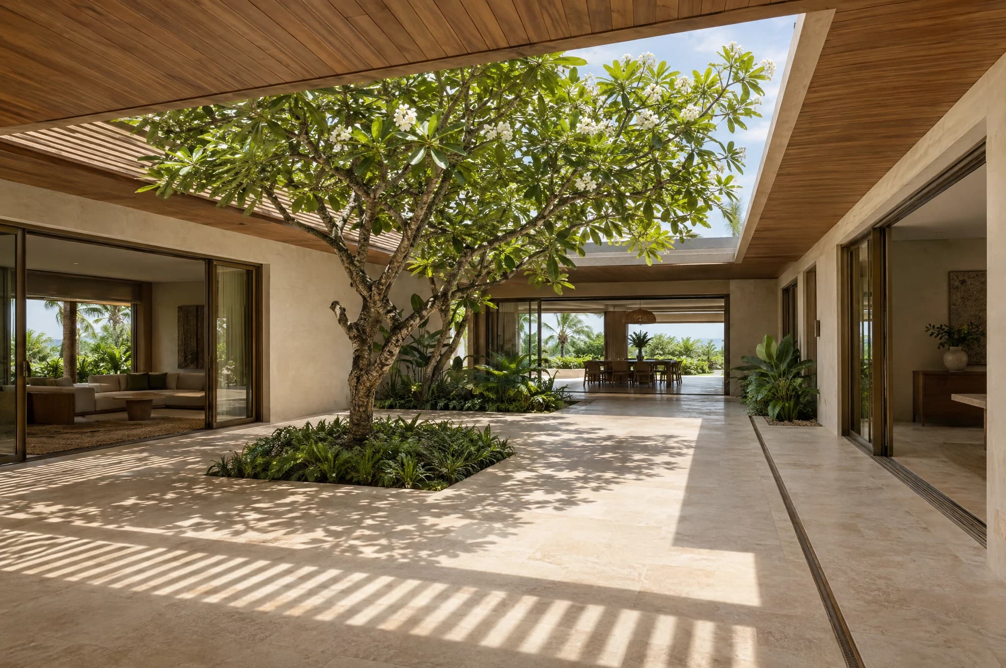 Concept photograph of a shaded tropical courtyard with deep timber overhangs, opposing openings and a mature tree