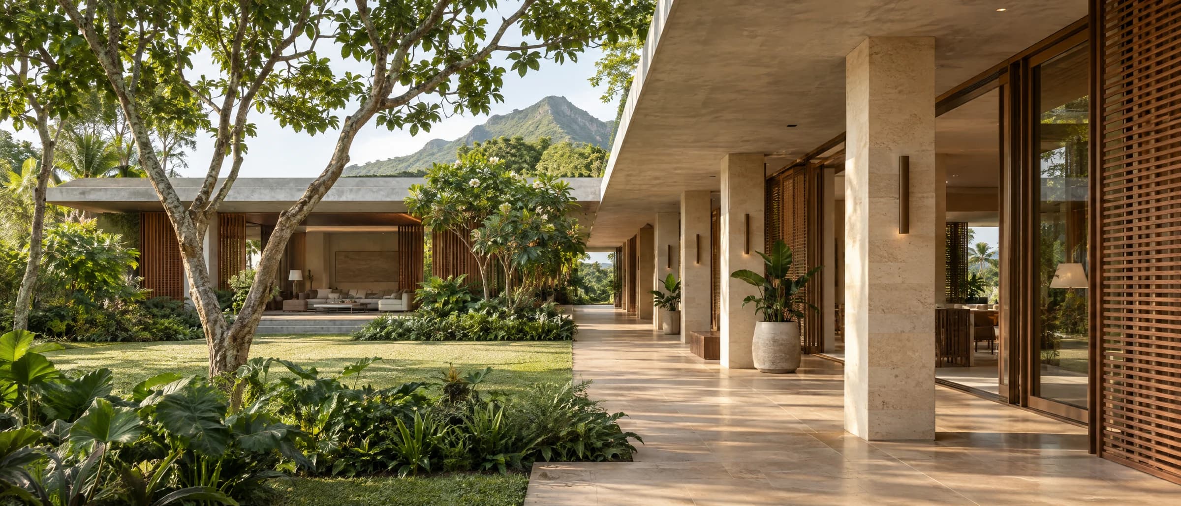 Concept architectural photograph of a tropical limestone courtyard with aligned columns, timber shading, lighting and planting