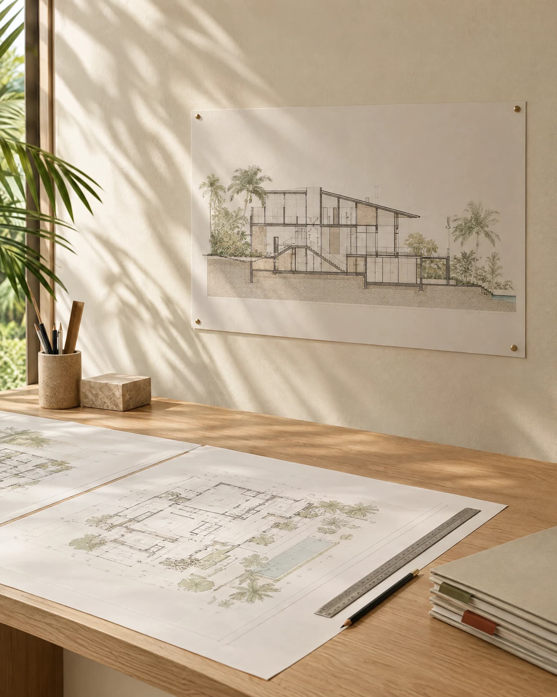 Concept photograph of organized architectural drawing sets and folders with revision tabs in a sunlit project studio