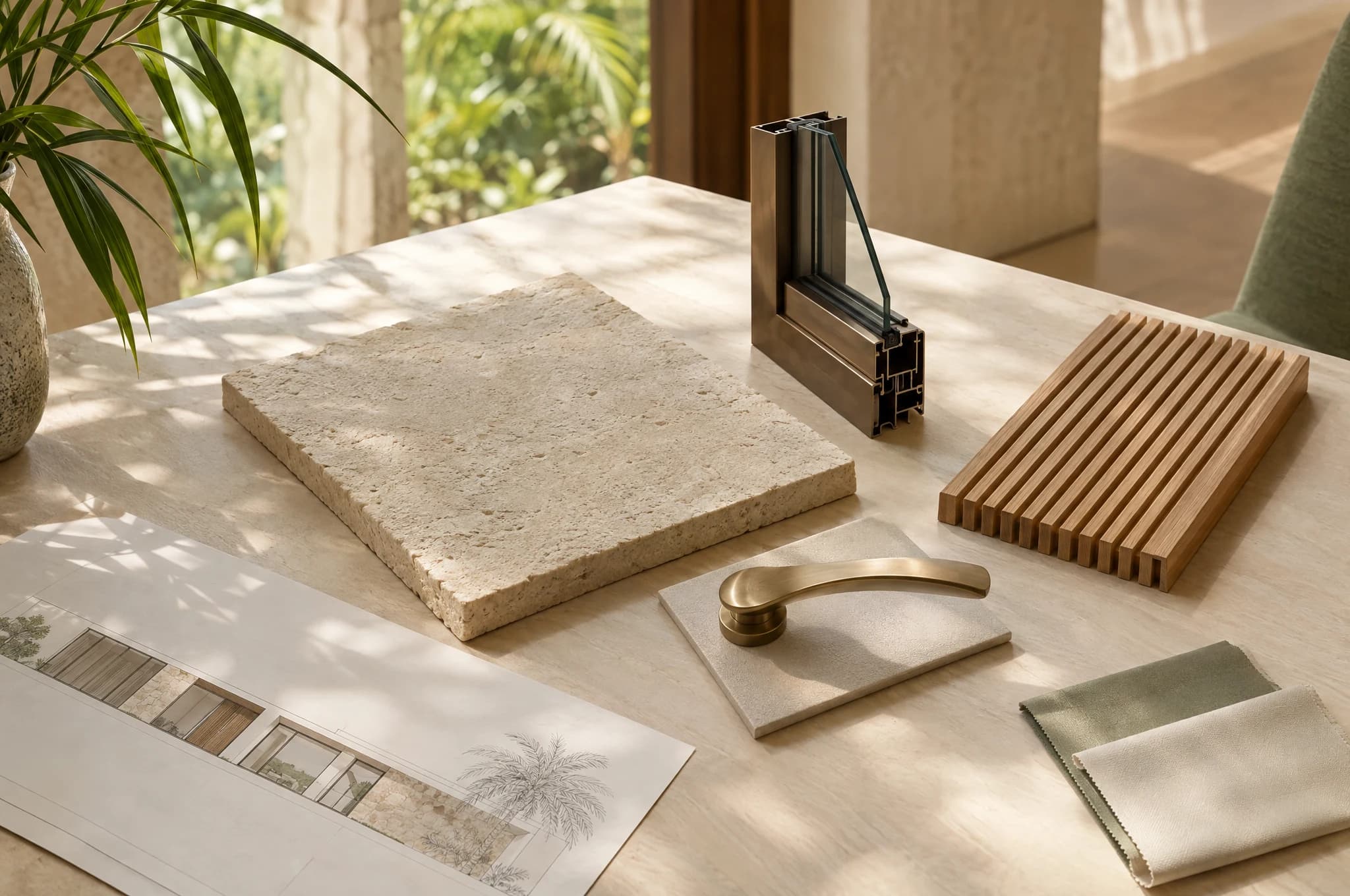 Concept photograph of limestone, timber, a bronze frame section and a door handle arranged for a material selection discussion