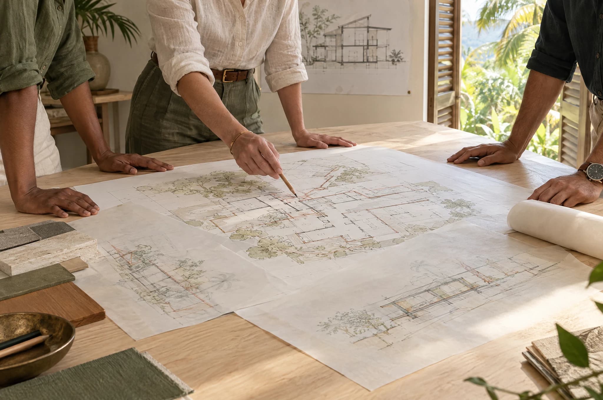 Concept photograph of design professionals reviewing architectural drawings and tracing-paper overlays in a tropical studio