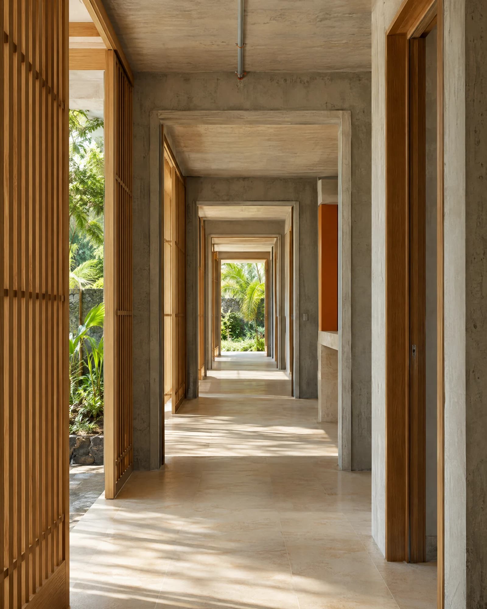 Concept photograph of aligned concrete openings and timber screens in a tropical building interior