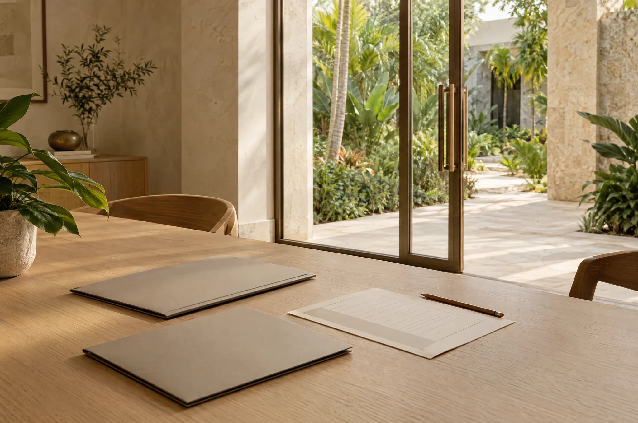 Concept photograph of completion-review folders and records in a finished tropical interior overlooking a landscaped garden