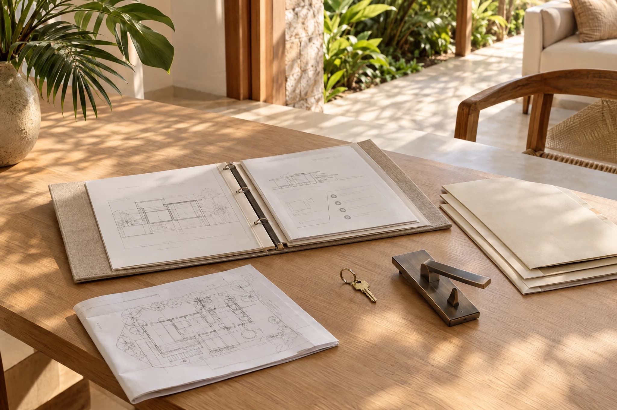 Concept photograph of an organized handover binder, drawing, manual sleeves and plain brass key on a pale timber table