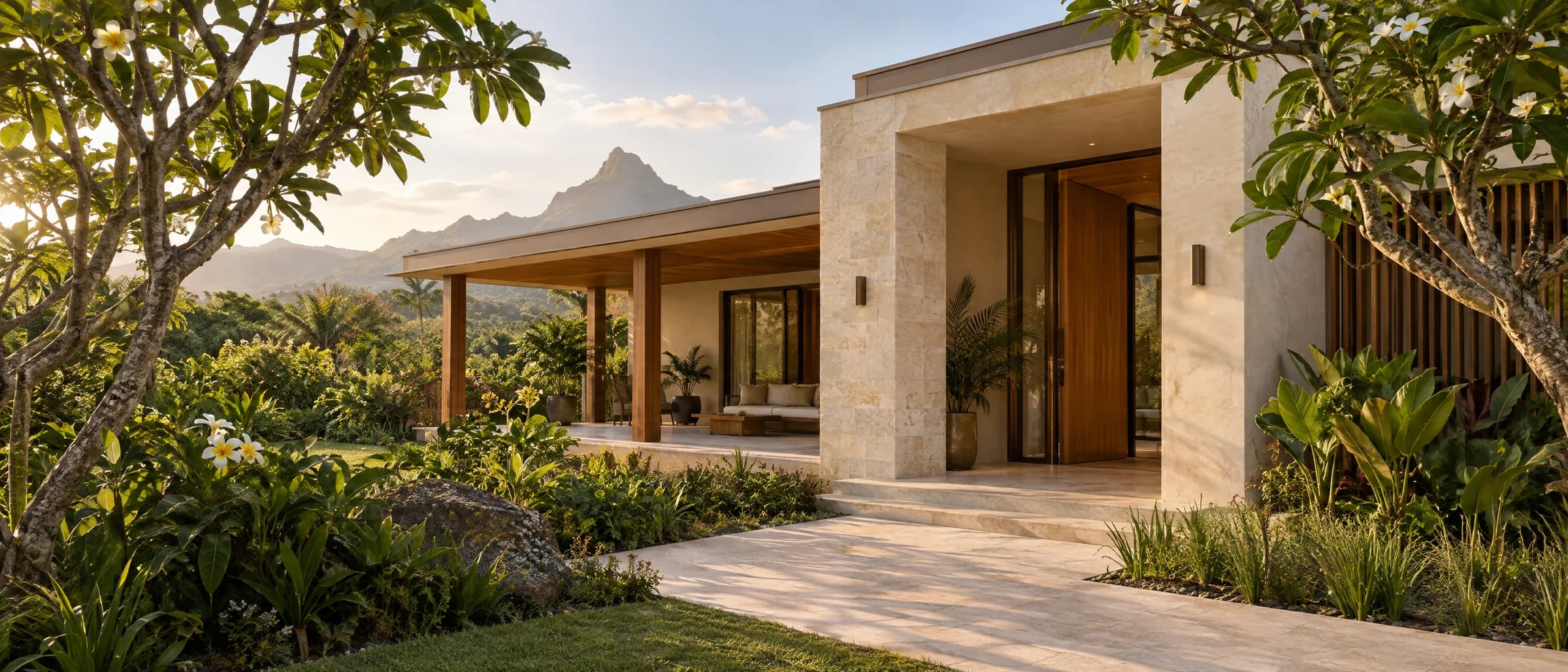 Concept architectural photograph of a completed tropical home with a limestone entrance, shaded timber verandah and landscaped arrival garden