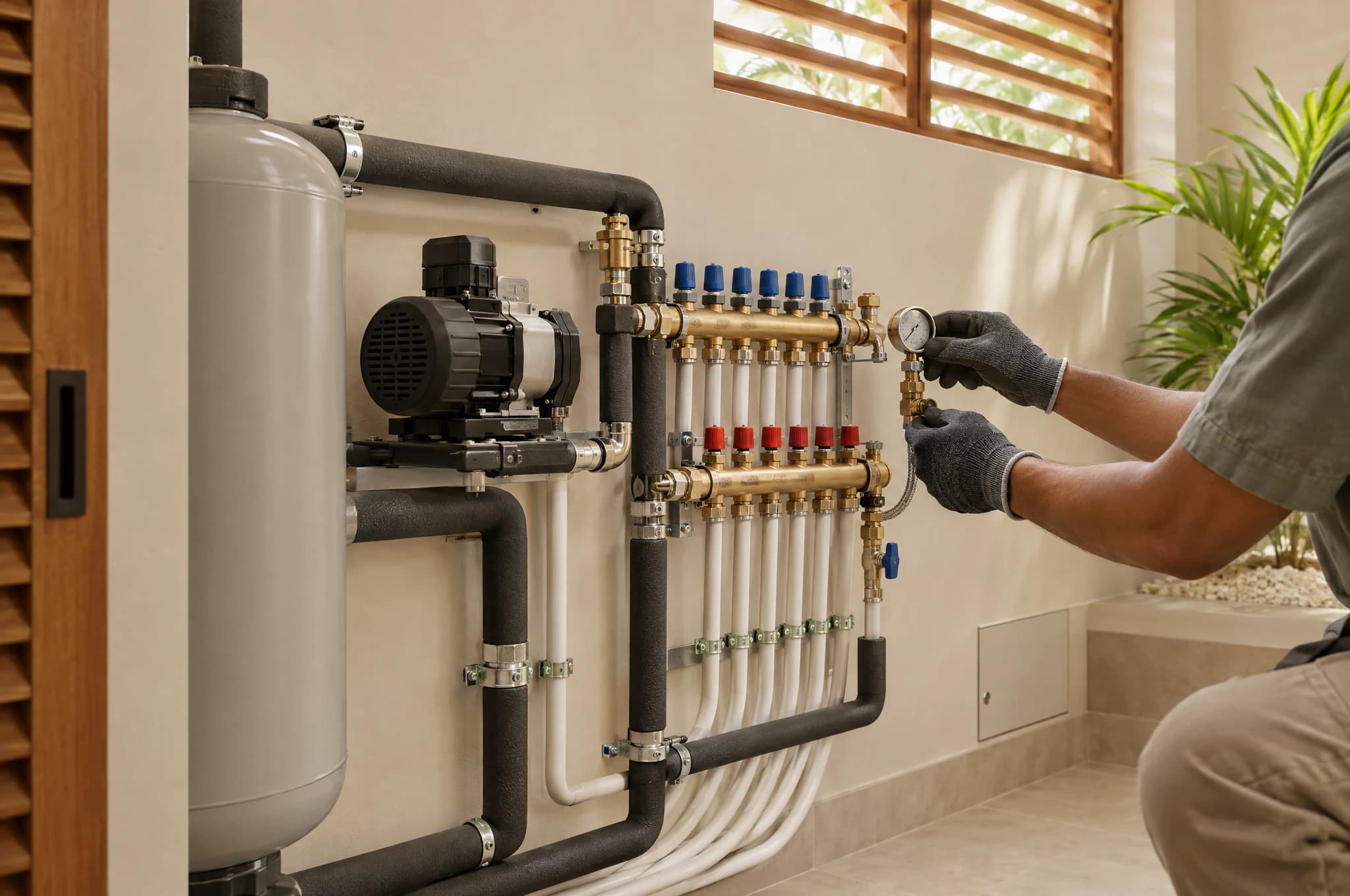 Concept photograph of organized plumbing equipment and a technician checking a connected test gauge in a finished building services room