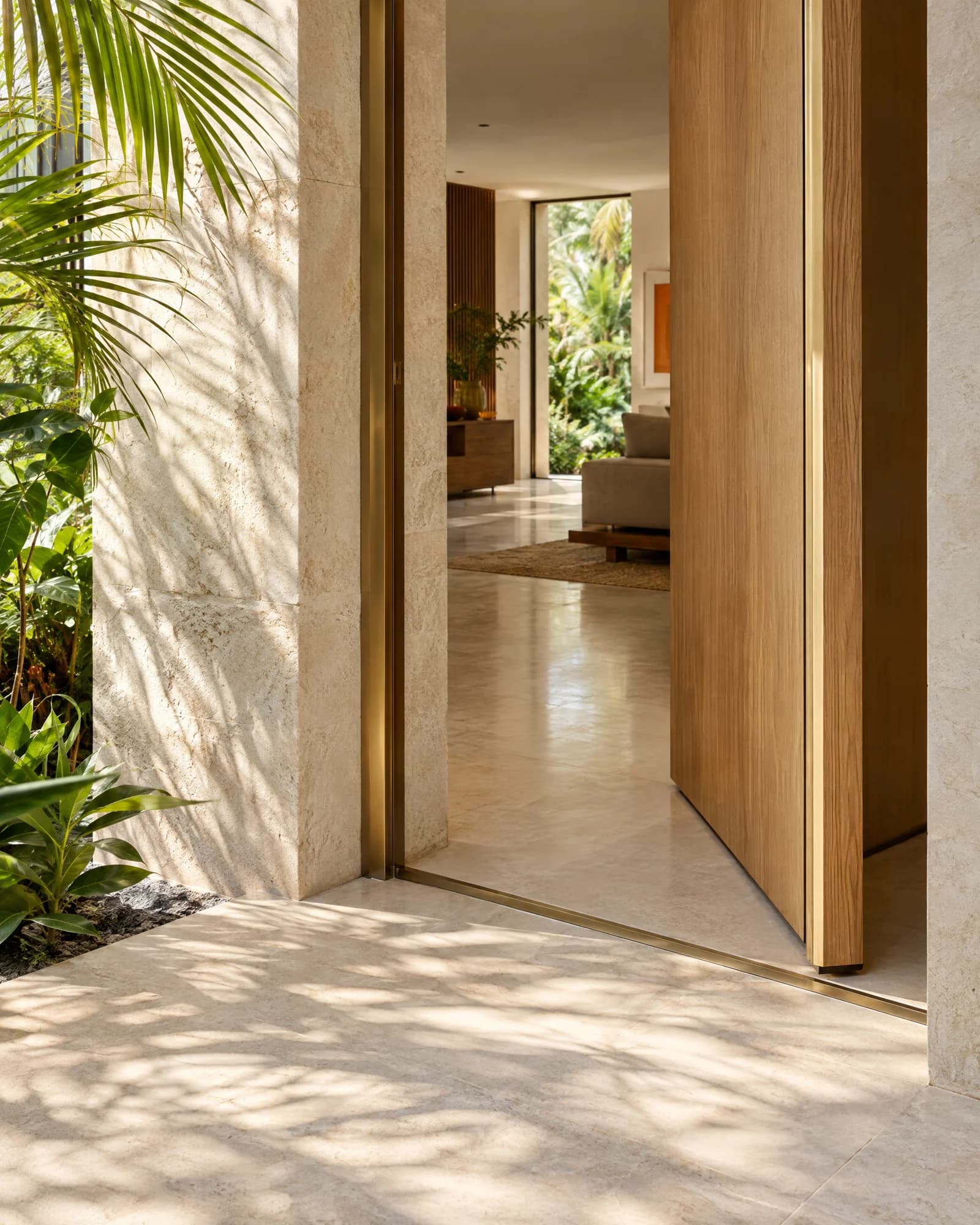 Concept photograph of a carefully finished oak door and limestone threshold in a tropical home