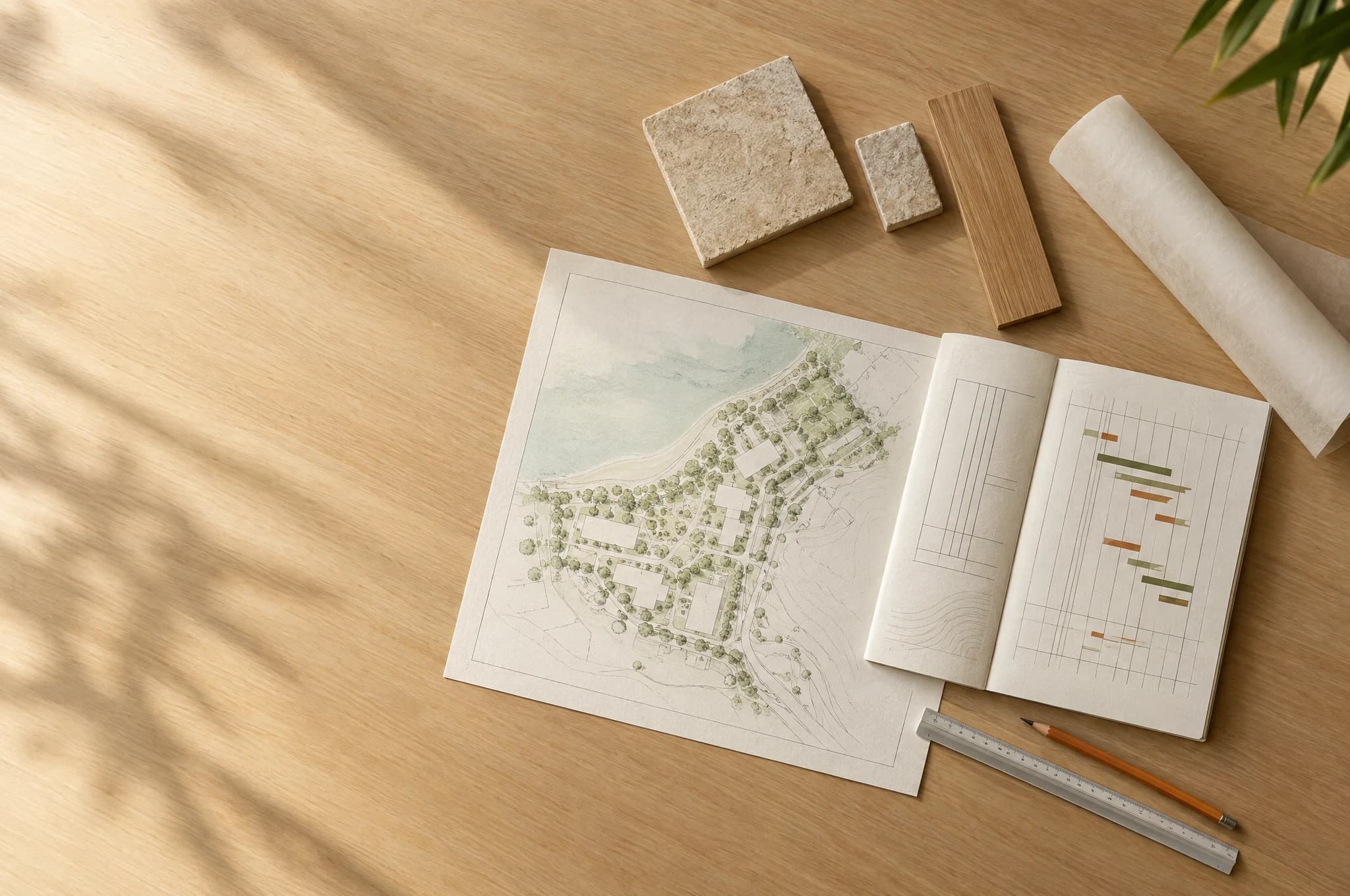 Concept overhead photograph of architectural drawings, measured material samples and a notebook on a pale timber planning table