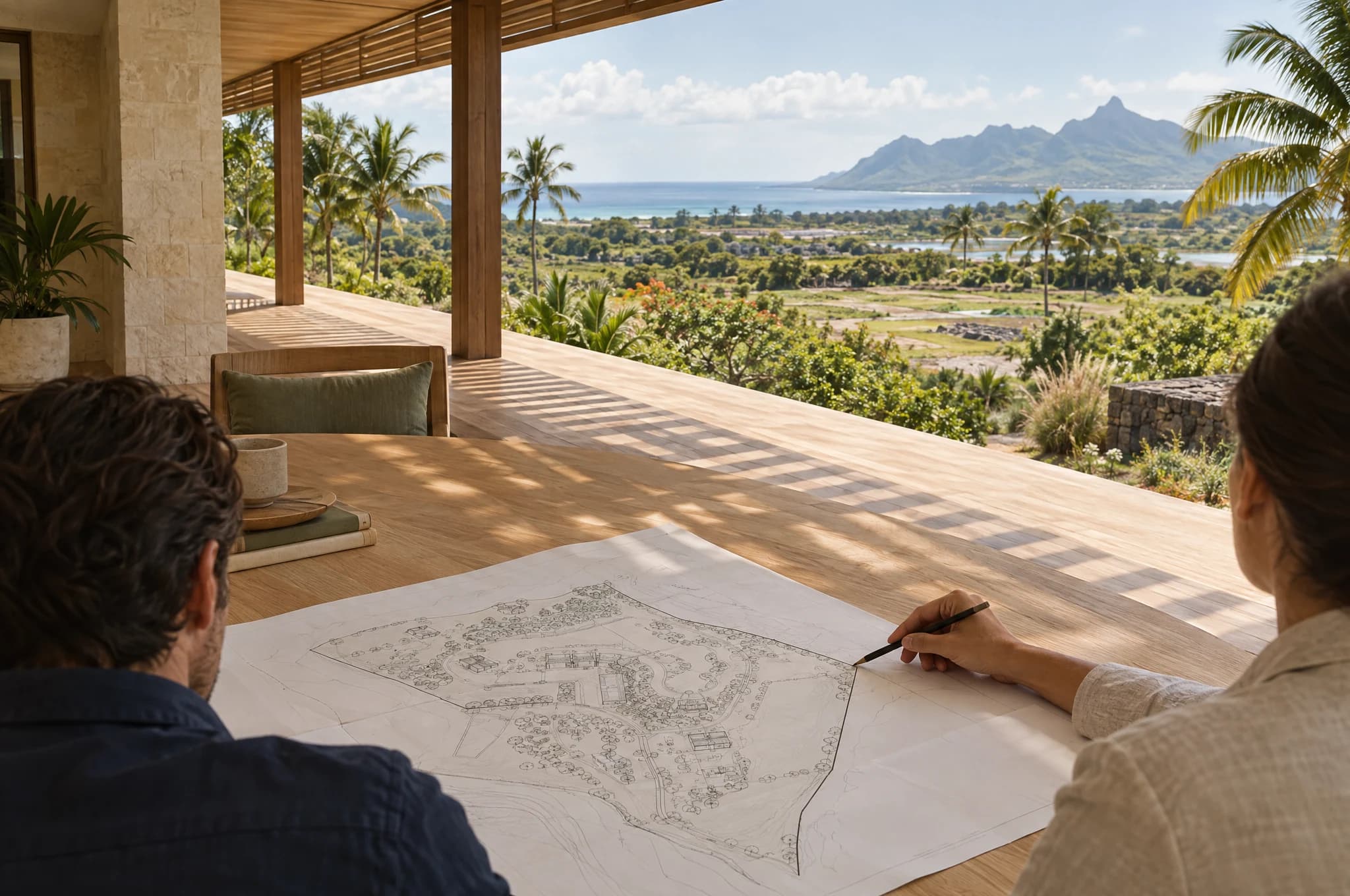 Concept photograph of project professionals reviewing a site drawing at a shaded tropical terrace