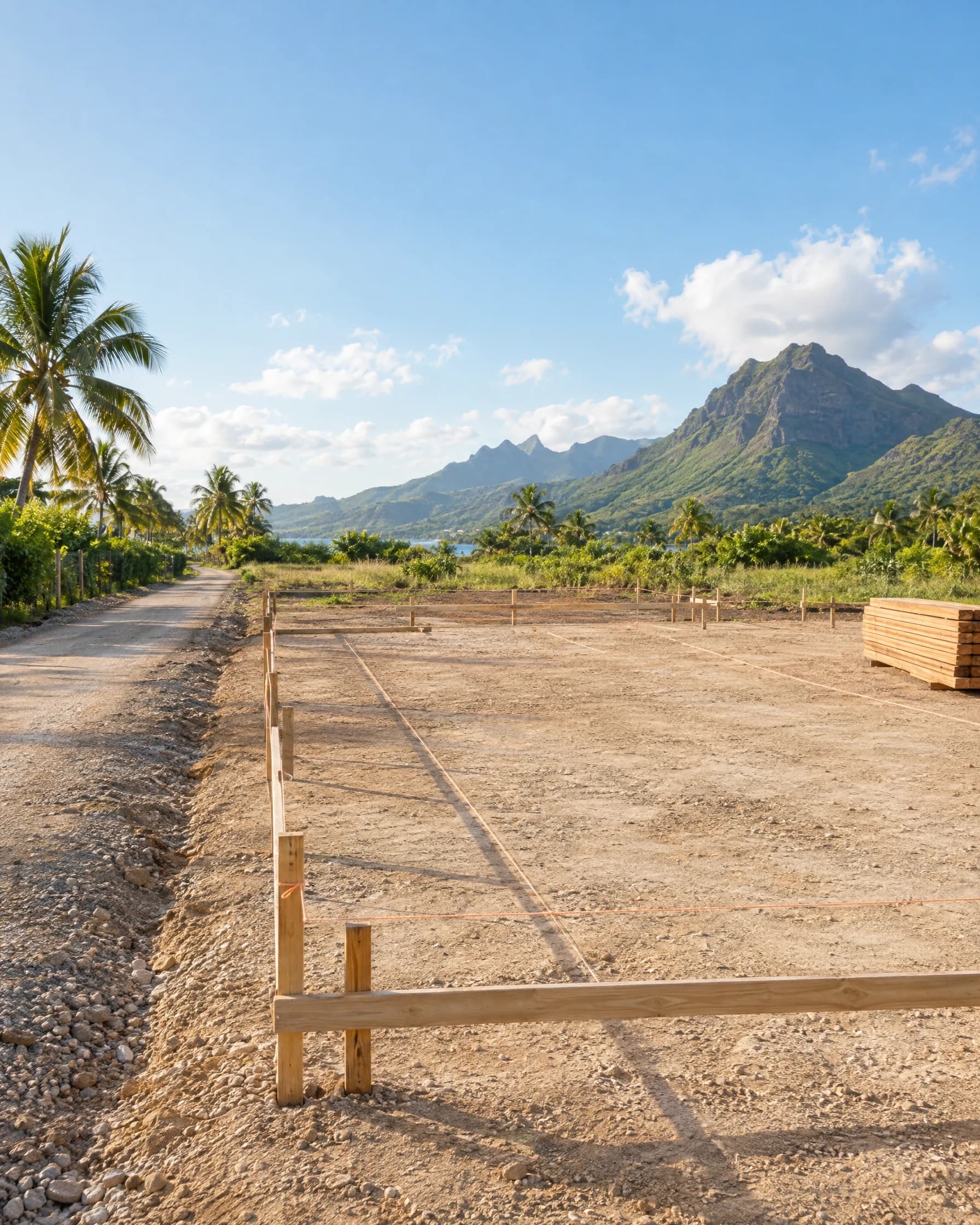 Concept photograph of an orderly surveyed construction plot with setting-out lines, a site access route and tropical landscape