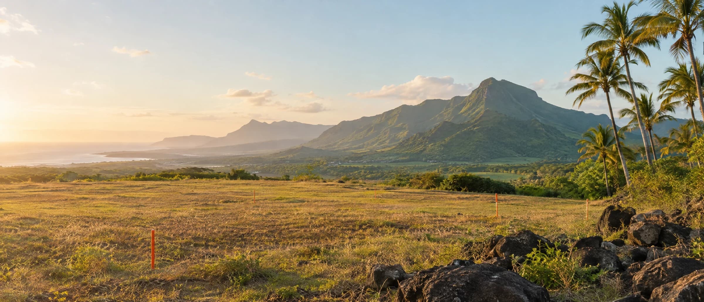 Concept photograph of a gently sloping Mauritian site with survey markers, tropical trees and distant mountains before construction