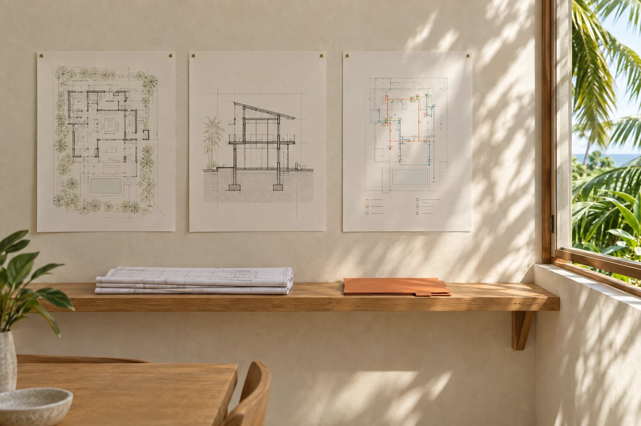 Concept photograph of coordinated architectural drawings and a building section pinned in a sunlit tropical project studio