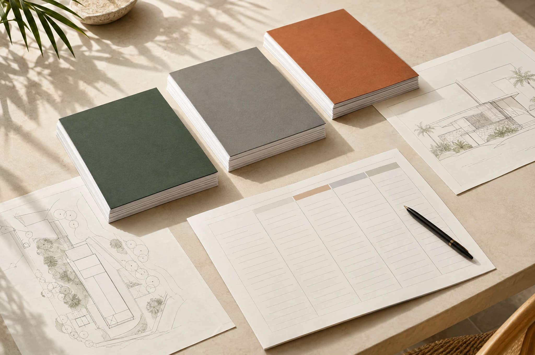 Concept overhead photograph of three orderly tender document sets with an architectural drawing and material samples