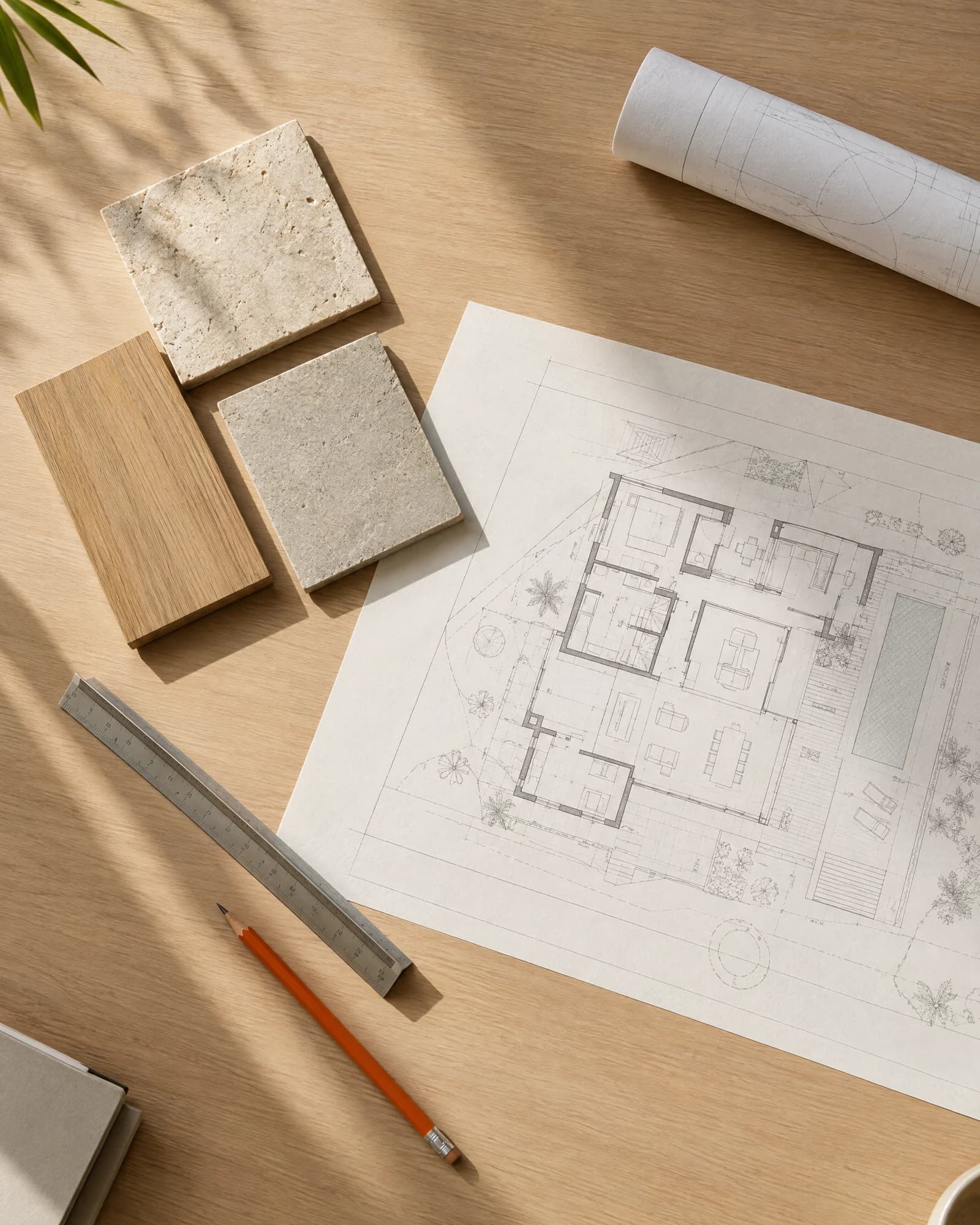 Concept photograph of architectural plans, material samples and a scale ruler on a planning table