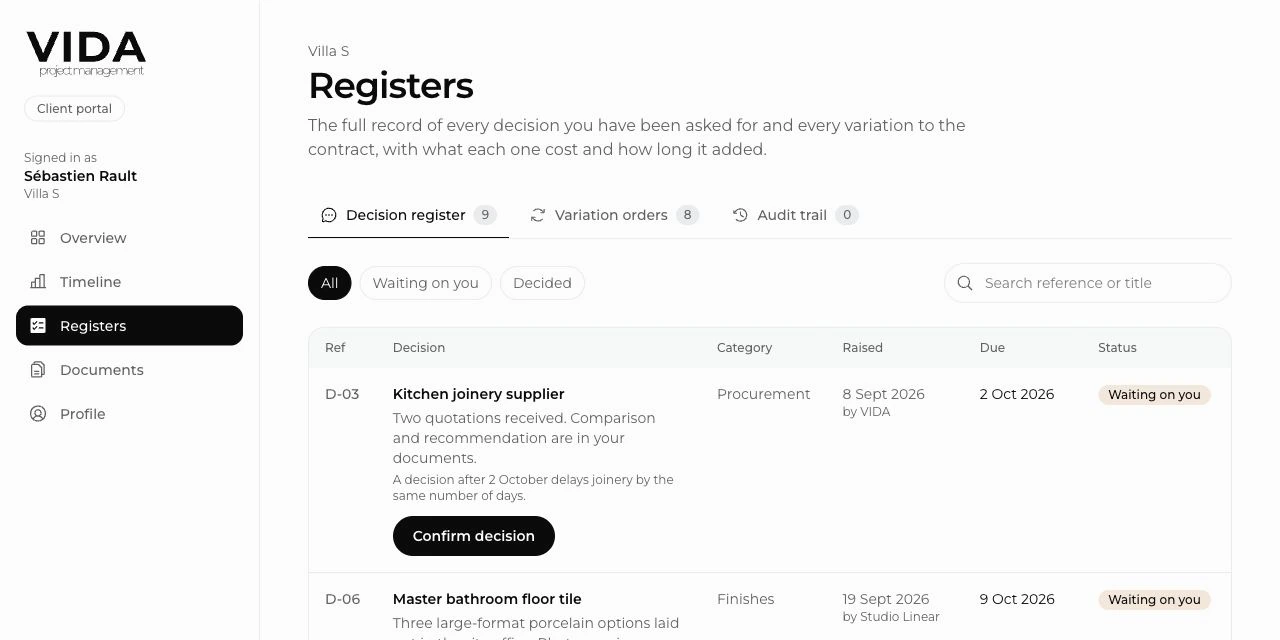 Demo decision register showing pending choices, deadlines and the client response controls