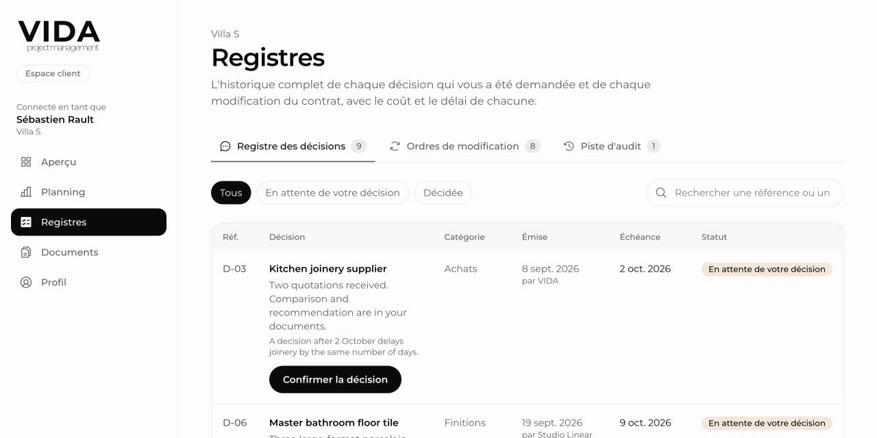 Registre de décisions de démonstration avec les choix en attente, les échéances et les commandes de réponse du client
