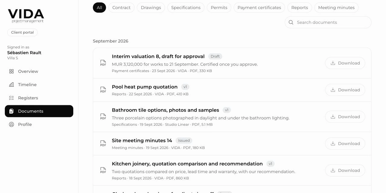 Demo document library with drawings, quotations and reports, revision information and review status