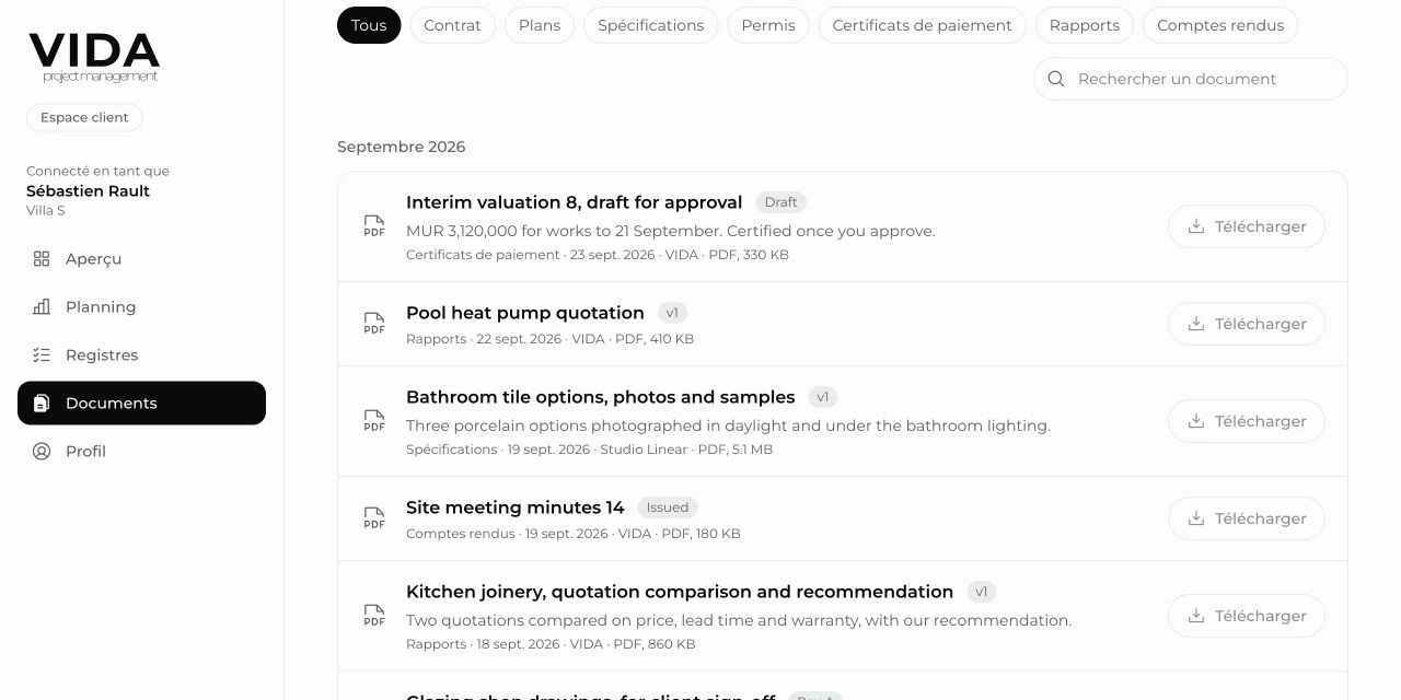 Bibliothèque de documents de démonstration avec plans, devis et rapports, informations de révision et statuts de validation