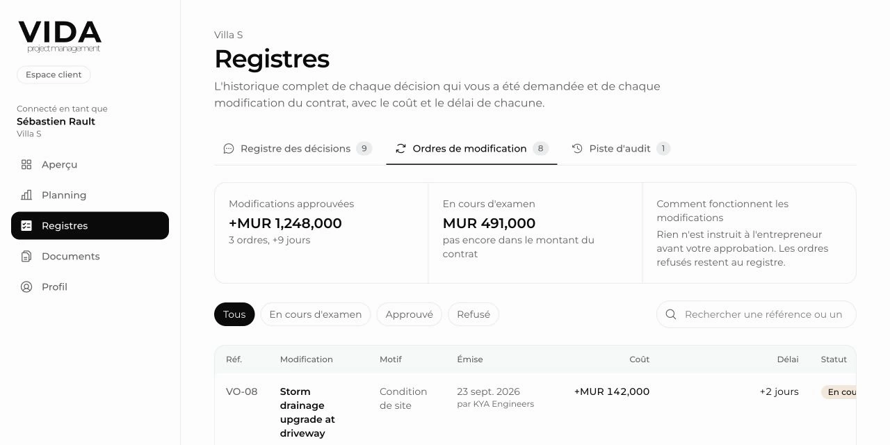Registre de modifications de démonstration avec les totaux approuvés, les demandes à l’étude et les effets sur le coût et les délais
